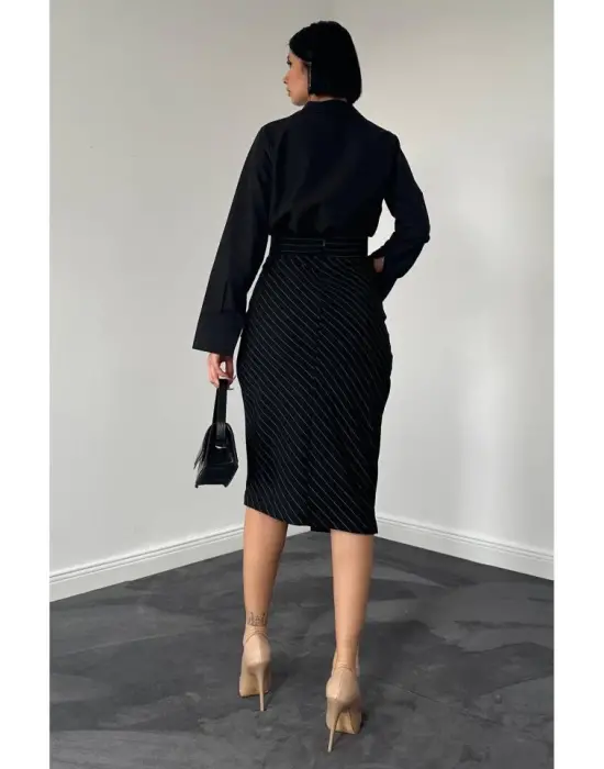 Omarı Siyah Çizgili Viskon Etek
