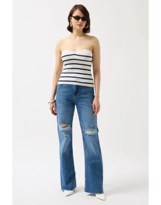 Çizgili Straplez Dokulu Bluz