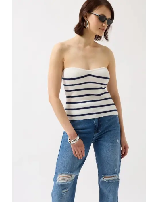 Çizgili Straplez Dokulu Bluz