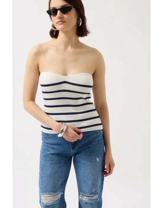 Çizgili Straplez Dokulu Bluz