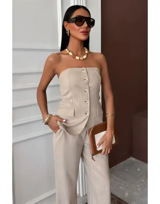 Omarı Çizgili Straplez Takım Pantolon - Şık ve Rahat