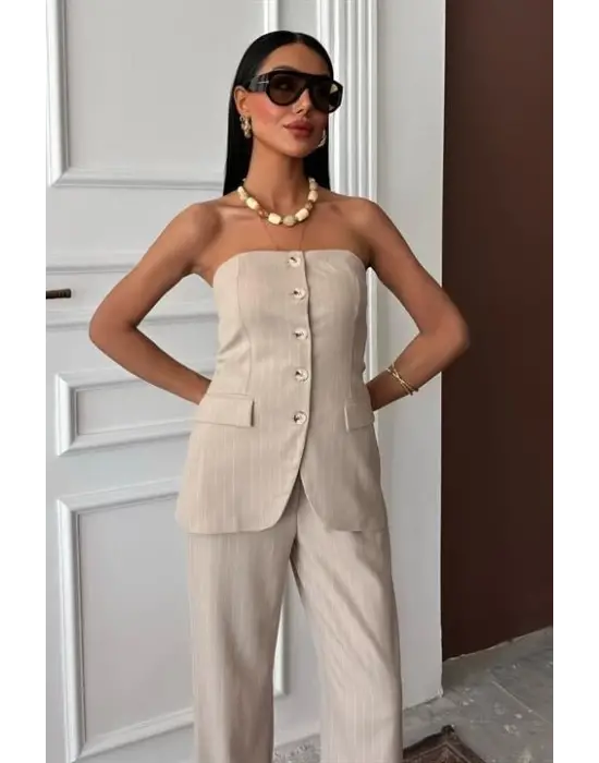 Omarı Çizgili Straplez Takım Pantolon - Şık ve Rahat