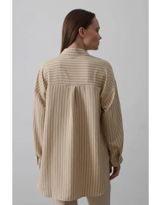 Omarı Çizgili Tek Cep Gömlek - Taş