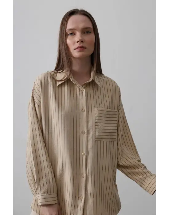 Çizgili Tek Cep Gömlek - Taş