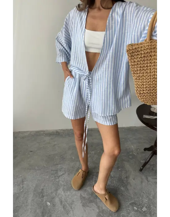 Omarı Rahat ve Şık Çizgili Tunik Şort Takımı - Mavi renkli