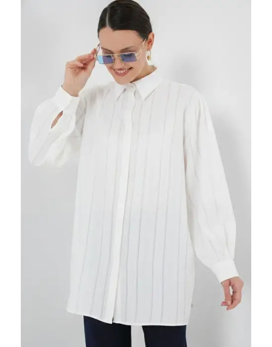 Çizgili Uzun Gömlek Tunik 5947 - Beyaz