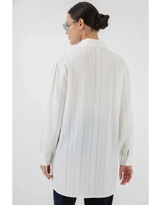 Çizgili Uzun Gömlek Tunik 5947 - Beyaz