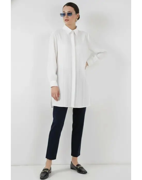 Çizgili Uzun Gömlek Tunik 5947 - Beyaz