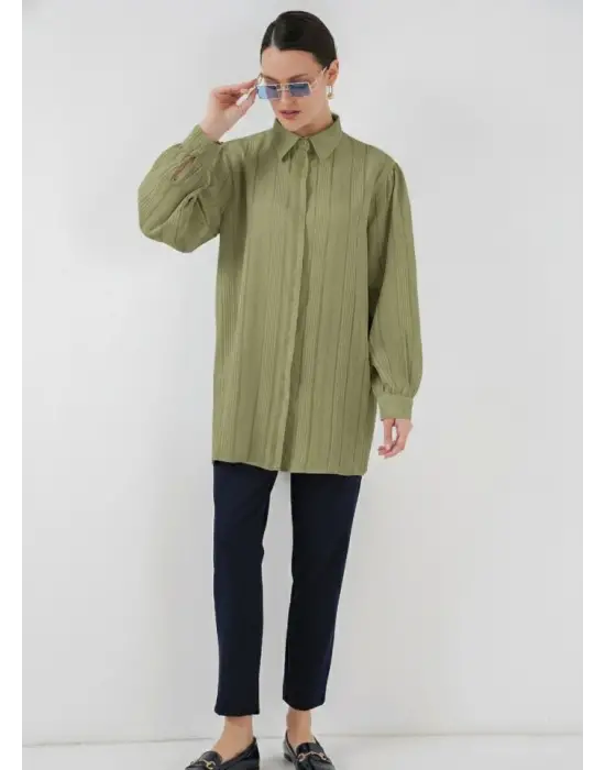 Çizgili Uzun Gömlek Tunik 5947 - Çağla
