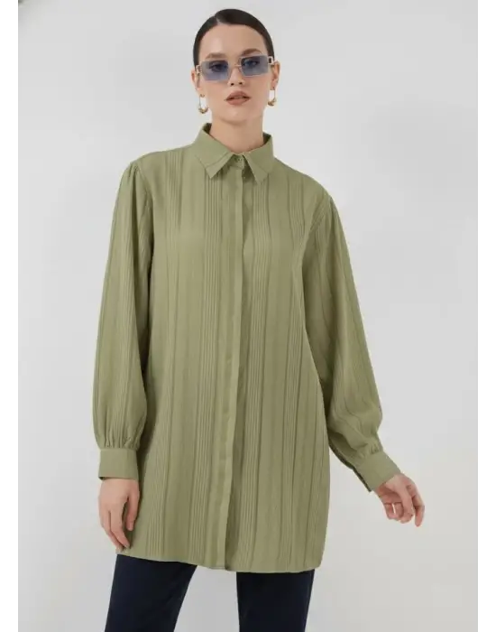 Çizgili Uzun Gömlek Tunik 5947 - Çağla