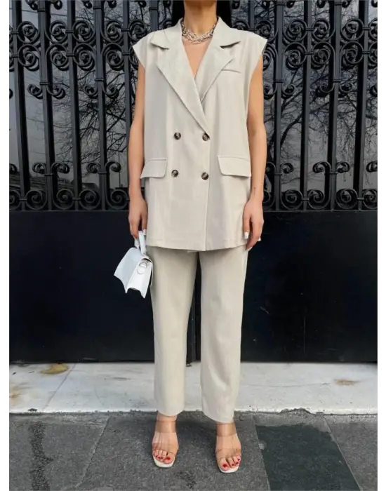 ÇİZGİLİ UZUN YELEK - PANTOLON TAKIM POLVİSCON - Bej