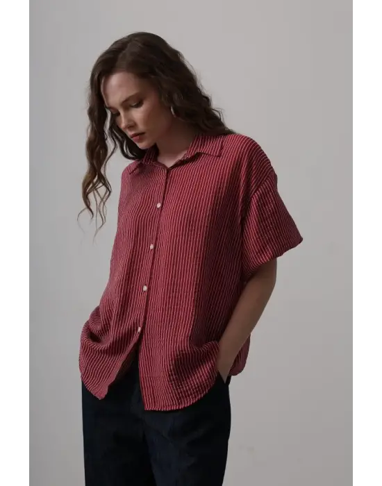 Omarı Çizgili Bordo Yarım Balon Kol Gömlek