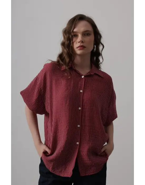 Omarı Çizgili Bordo Yarım Balon Kol Gömlek