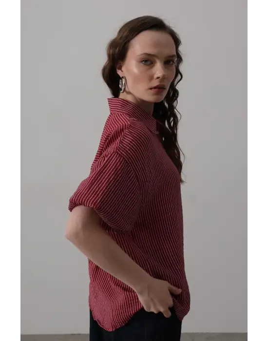 Omarı Çizgili Bordo Yarım Balon Kol Gömlek