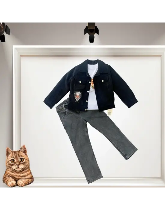 Omarı Fitilli Kadife Ceket ve Kot Pantolonlu 3lü Çocuk Takımı Siyah