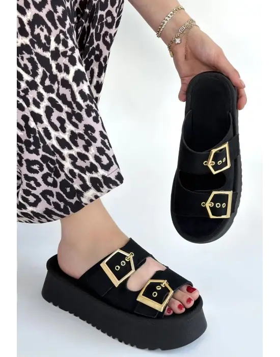 Coer Siyah Süet Çift Tokalı Terlik