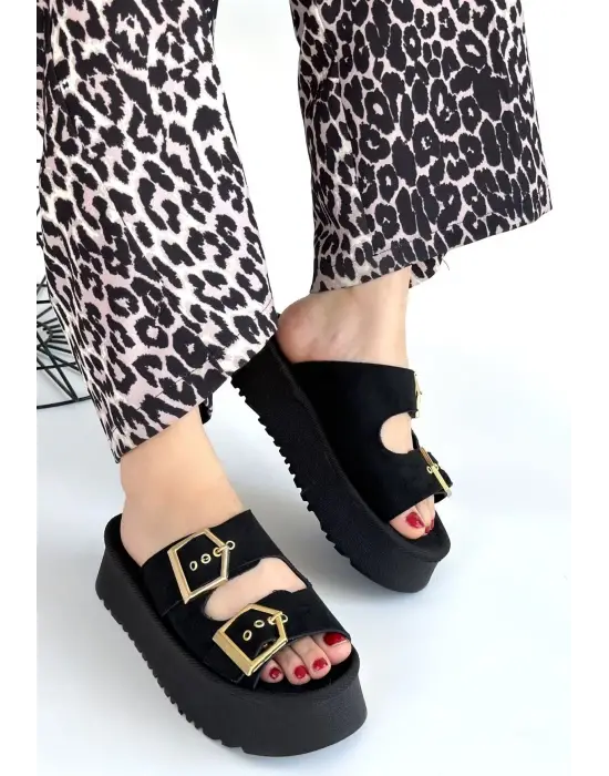 Coer Siyah Süet Çift Tokalı Terlik