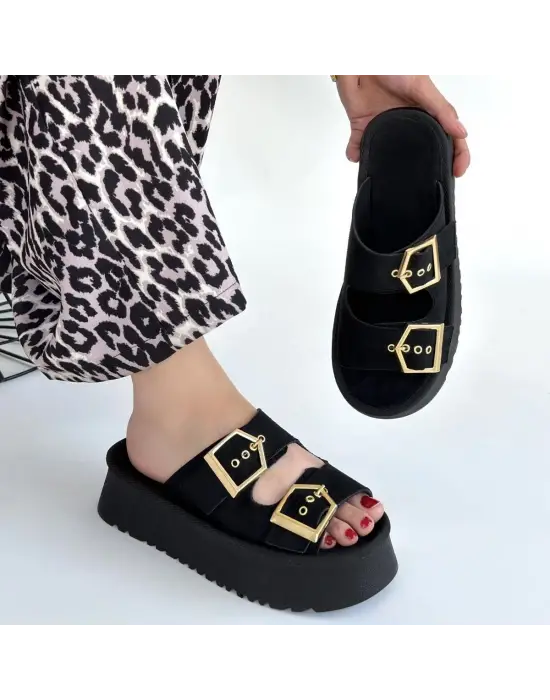 Coer Siyah Süet Çift Tokalı Terlik