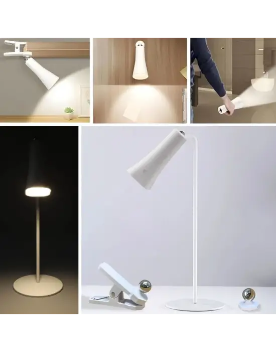 Çok Amaçlı Güçlü Manyetik Başlıklı 4’ü 1 Arada Portatif Beyaz LED Lamba Masaüstü, El Feneri, Duvara Asılabilir ve Mandallı Klipsli Işık