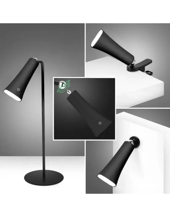 Çok Amaçlı Güçlü Manyetik Başlıklı 4’ü 1 Arada Portatif Siyah LED Lamba Masaüstü, El Feneri, Duvara Asılabilir ve Mandallı Klipsli Işık