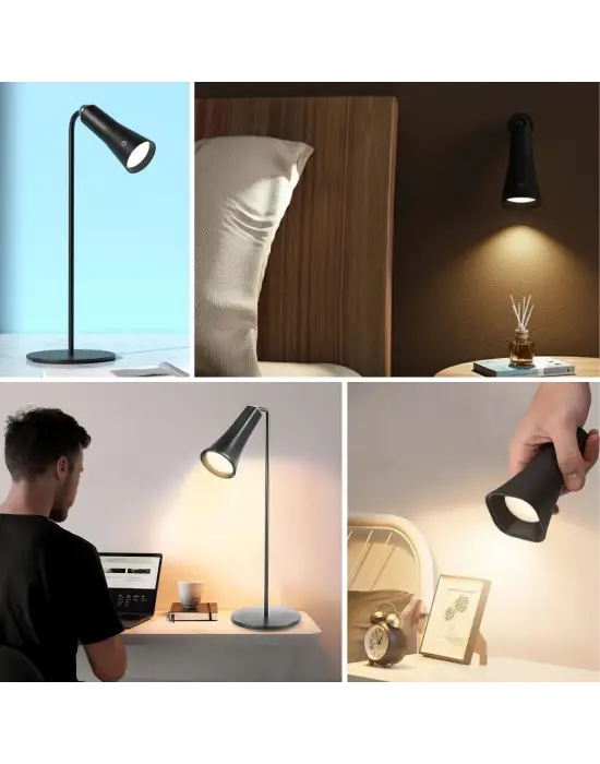 Çok Amaçlı Güçlü Manyetik Başlıklı 4’ü 1 Arada Portatif Siyah LED Lamba Masaüstü, El Feneri, Duvara Asılabilir ve Mandallı Klipsli Işık