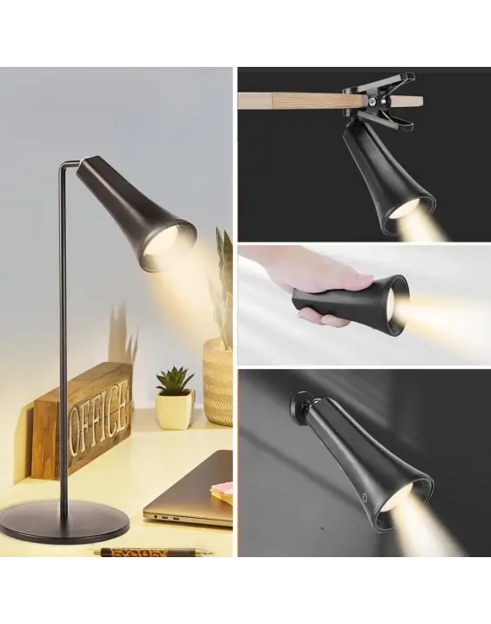 Çok Amaçlı Güçlü Manyetik Başlıklı 4’ü 1 Arada Portatif Siyah LED Lamba Masaüstü, El Feneri, Duvara Asılabilir ve Mandallı Klipsli Işık