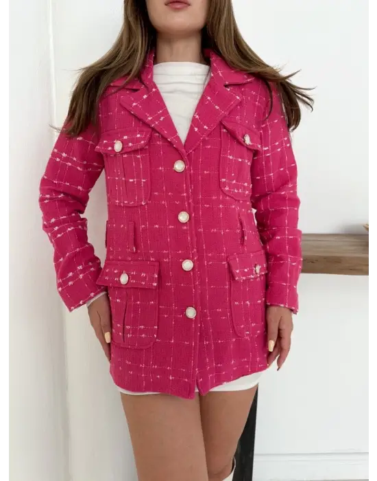 Çok düğmeli kemerli yüksek kaliteli astarlı ceket fuşya os255859