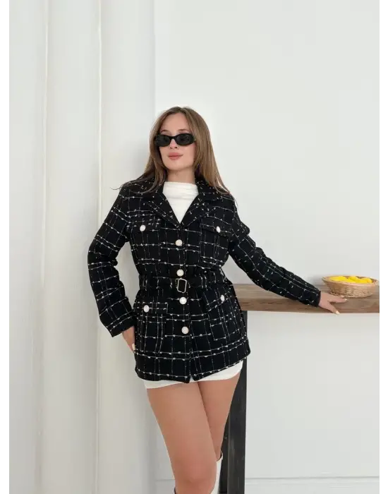 Çok düğmeli kemerli yüksek kaliteli astarlı ceket siyah os255859