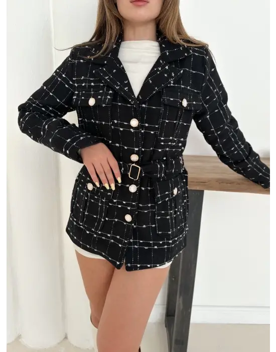 Çok düğmeli kemerli yüksek kaliteli astarlı ceket siyah os255859