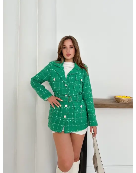 Çok düğmeli kemerli yüksek kaliteli astarlı ceket yeşil os255859