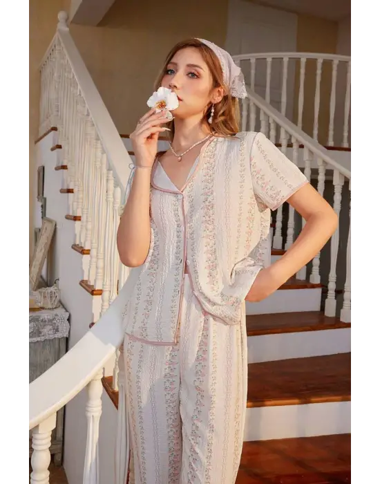 Çok Renkli Fransız Esintili Zarif Pijama Takımı 7325