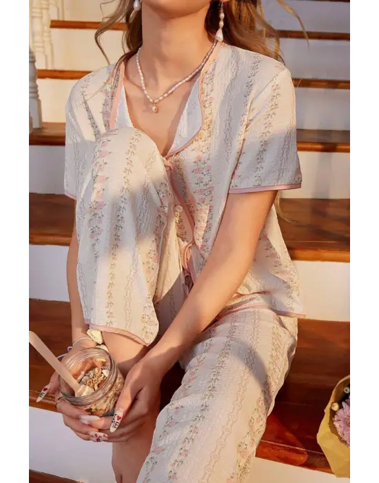 Çok Renkli Fransız Esintili Zarif Pijama Takımı 7325