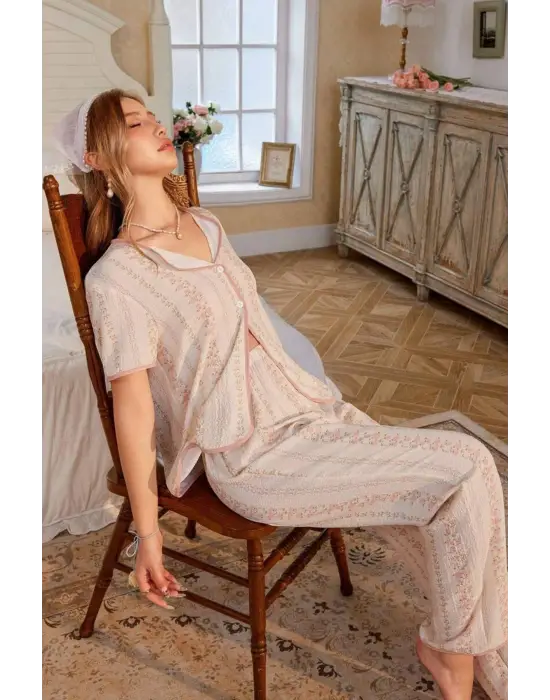 Çok Renkli Fransız Esintili Zarif Pijama Takımı 7325