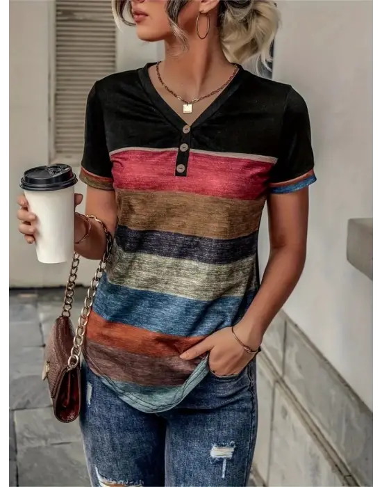 Omarı Çok Renkli V Yakalı Kadın Kısa Kollu Bluz
