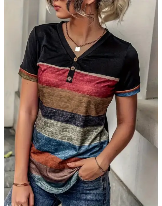 Omarı Çok Renkli V Yakalı Kadın Kısa Kollu Bluz
