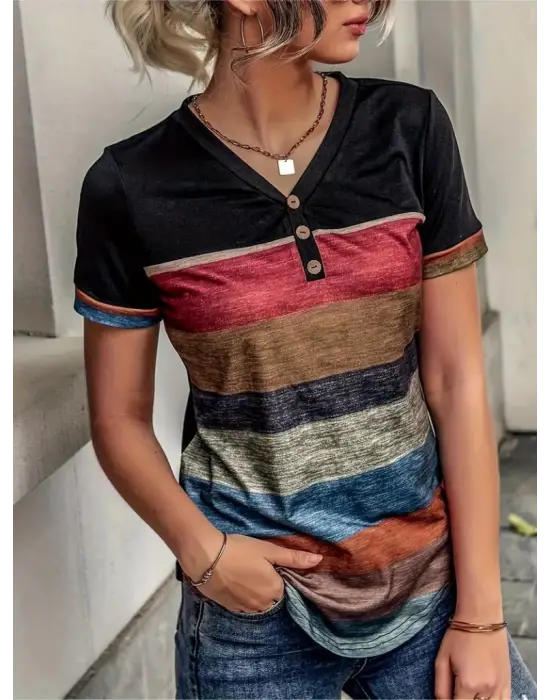 Omarı Çok Renkli V Yakalı Kadın Kısa Kollu Bluz