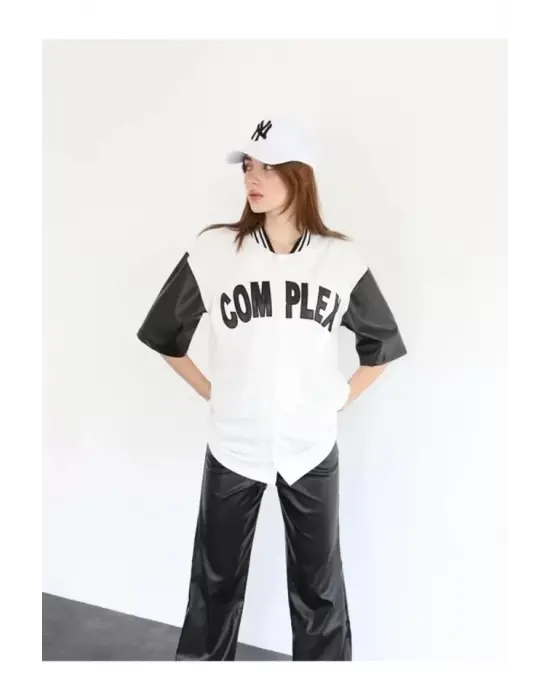 Complex Kolları Deri Kolej Oversize T-shirt - Beyaz