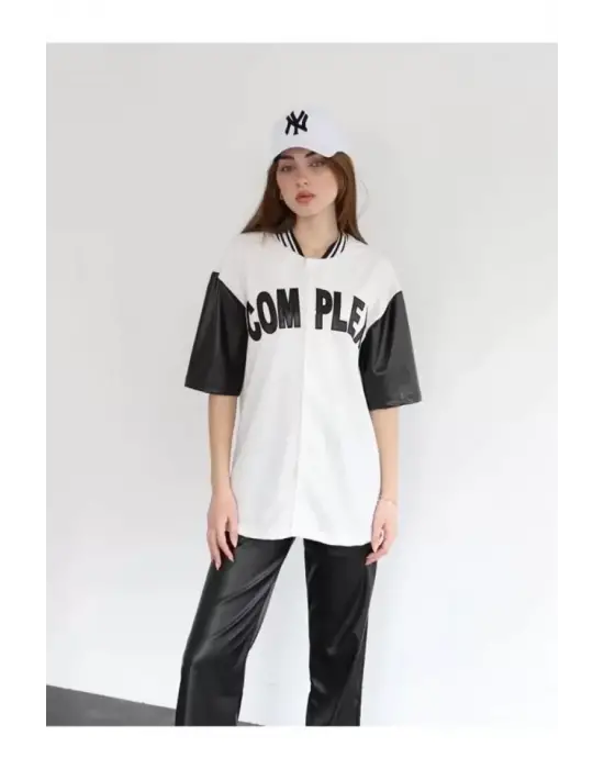 Complex Kolları Deri Kolej Oversize T-shirt - Beyaz