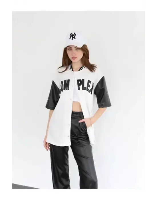 Complex Kolları Deri Kolej Oversize T-shirt - Beyaz