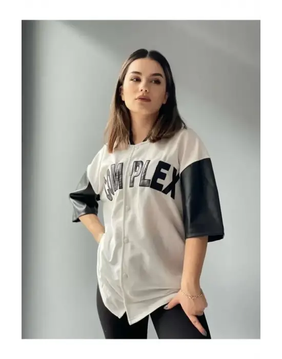 Complex Kolları Deri Kolej Oversize T-shirt - Beyaz