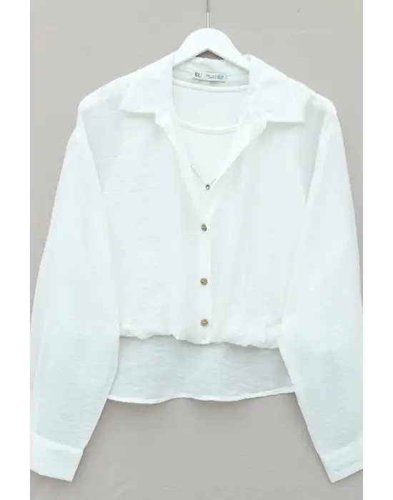 Crop Badyli  Kolyeli Arkası Uzun Gömlek -Ekru