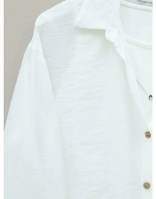 Crop Badyli  Kolyeli Arkası Uzun Gömlek -Ekru