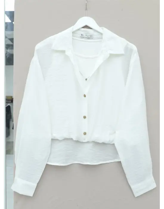 Crop Badyli  Kolyeli Arkası Uzun Gömlek -Ekru