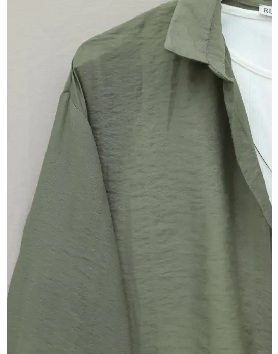 Crop Badyli  Kolyeli Arkası Uzun Gömlek -Haki