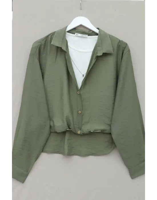 Crop Badyli  Kolyeli Arkası Uzun Gömlek -Haki