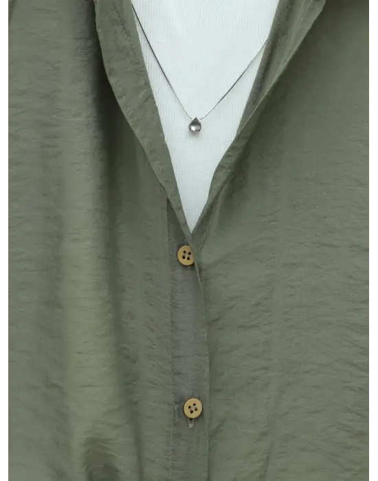 Crop Badyli  Kolyeli Arkası Uzun Gömlek -Haki