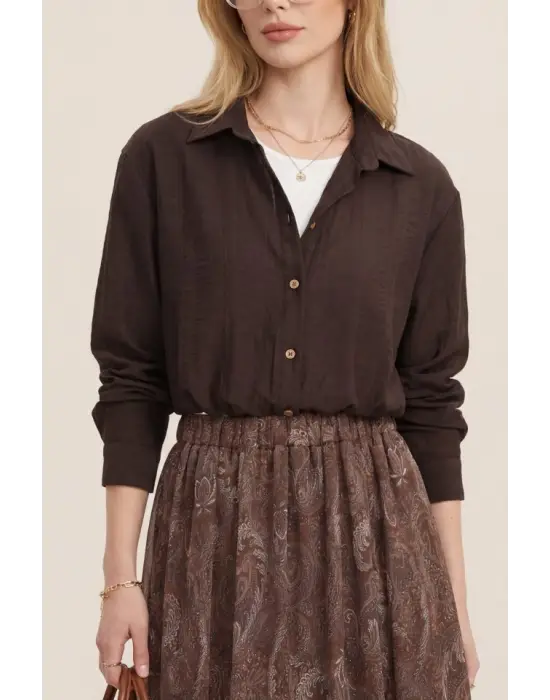 Crop Badyli  Kolyeli Arkası Uzun Gömlek -K. Kahve