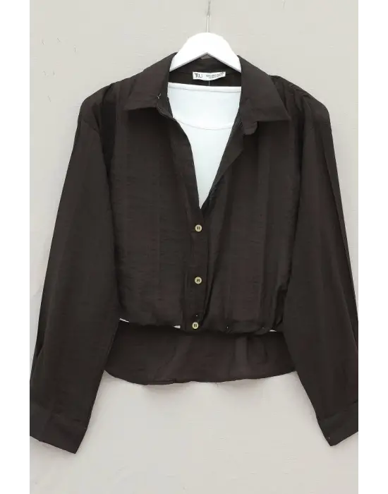 Crop Badyli  Kolyeli Arkası Uzun Gömlek -K. Kahve