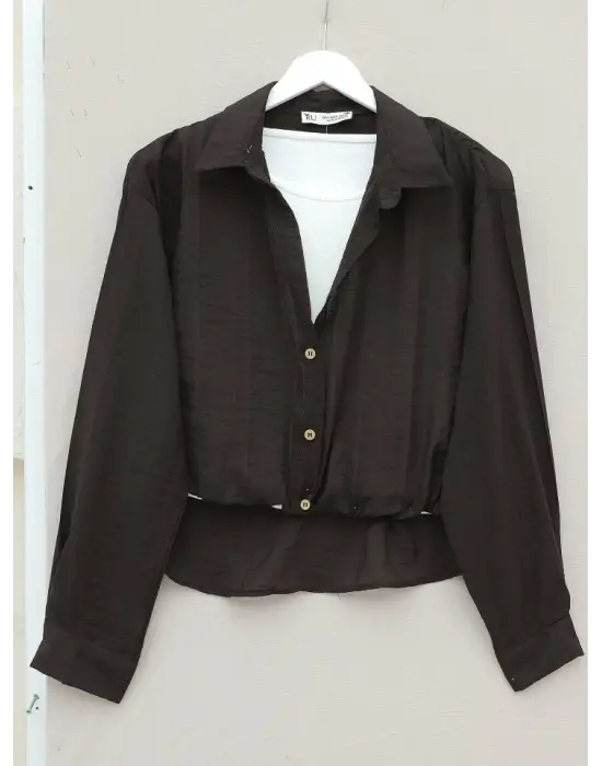 Crop Badyli  Kolyeli Arkası Uzun Gömlek -K. Kahve