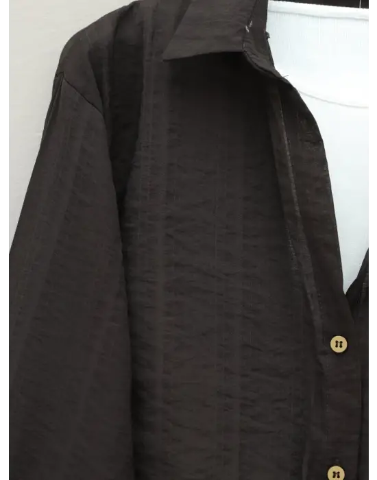 Crop Badyli  Kolyeli Arkası Uzun Gömlek -K. Kahve